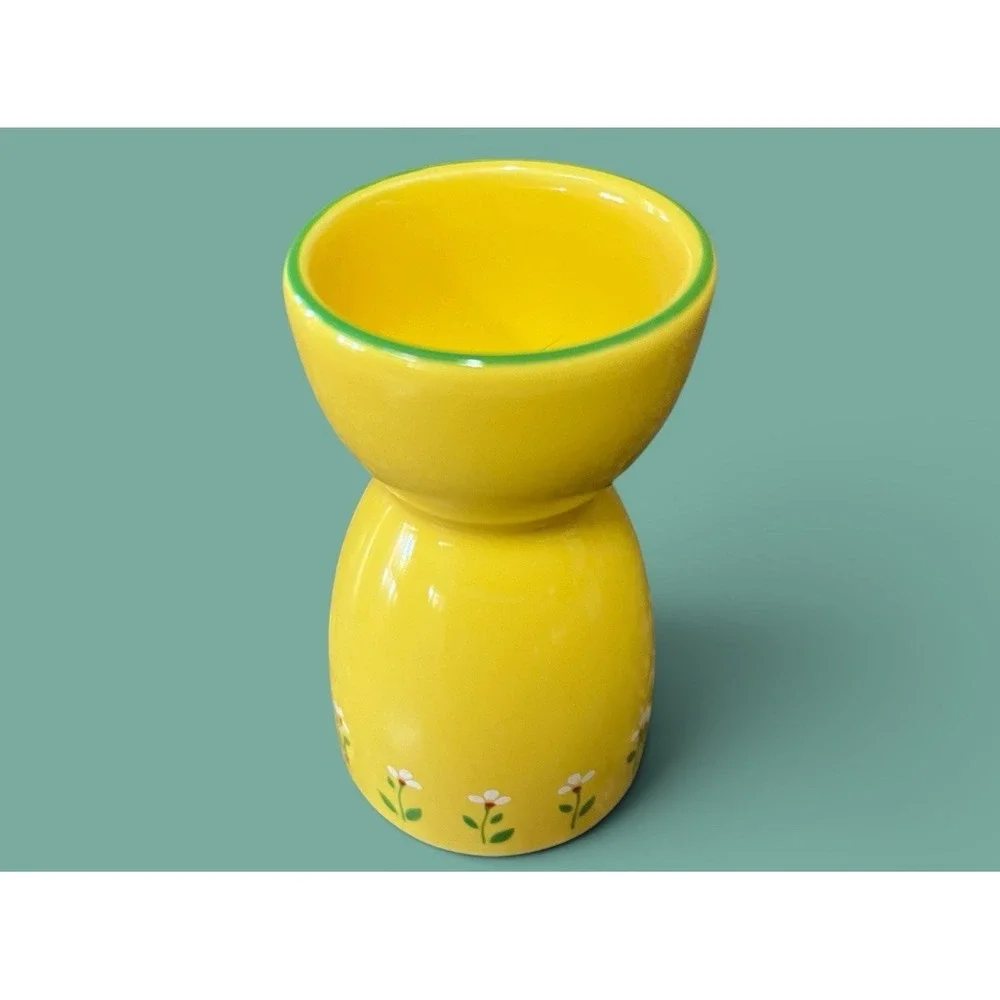 !985 Teleflora Ceramic Bright Yellow Double Coddler‎ Egg Cup Sunny Daisy Vintage
